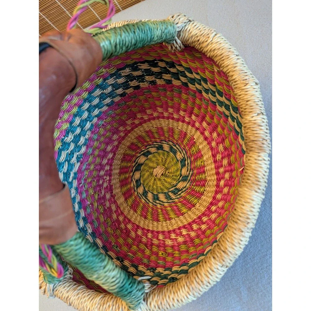 Authentic Ghanaian Bolga Basket Handwoven Small 10” Market Tote Leather Handle